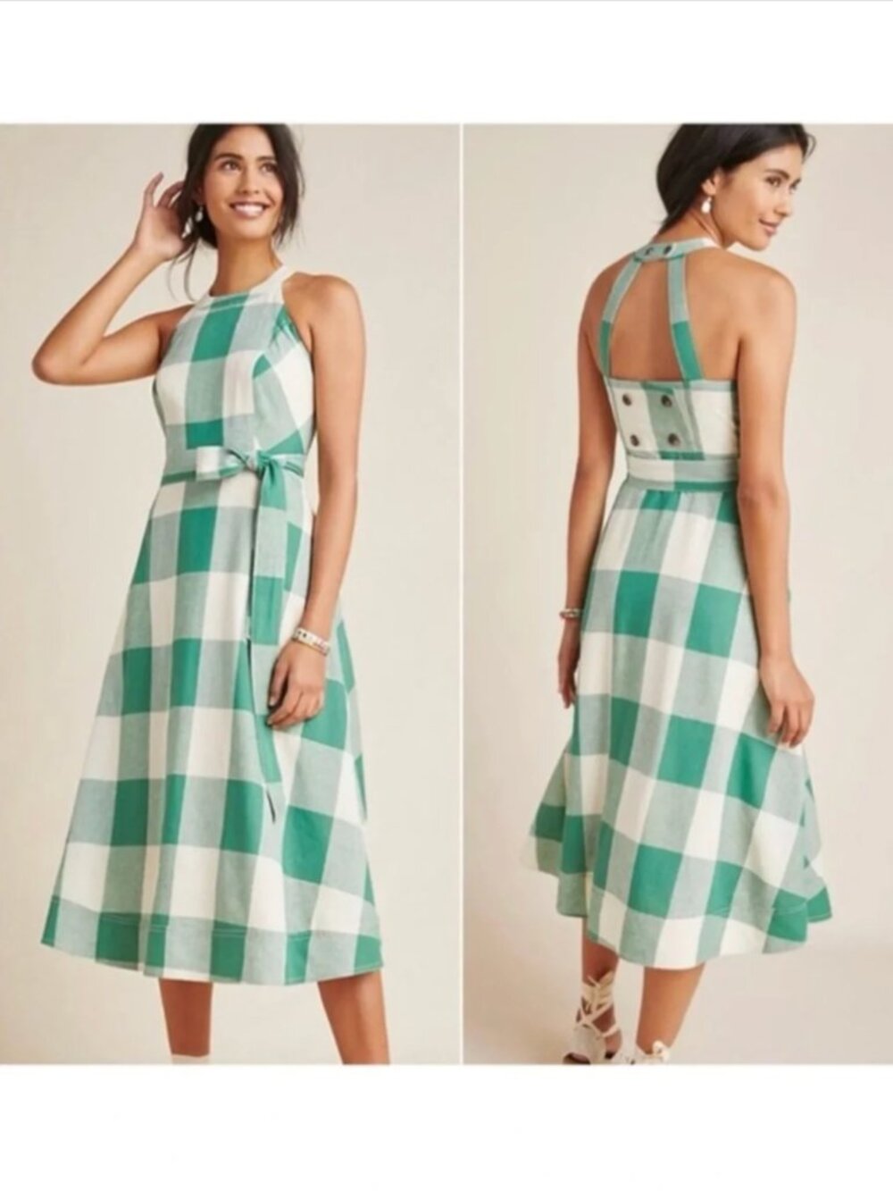 Anthropologie Maeve Greta Green Gingham Linen Halter Midi Dress, Size 4